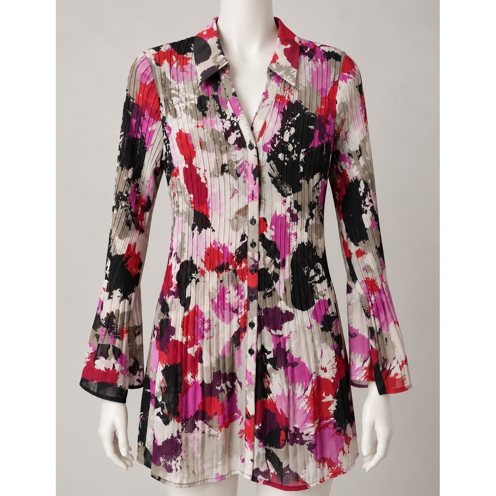 Style & Co Valparo Garden Pleated Tunic Top Pink Red Floral Bell Sleeve 4 NEW